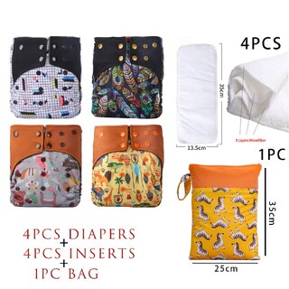 4X Reusable Bamboo Fleece Nappies With Insert & Medium Wet Bag Bundle