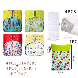 4X Reusable Bamboo Fleece Nappies With Insert & Medium Wet Bag Bundle