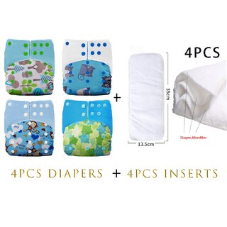 4X Reusable Fleece Cloth Nappies With Snap Buttons & Insert Bundle