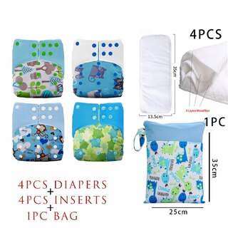 4X Reusable Fleece Cloth Nappies With With 4 Inserts & Wet Bag Bundle