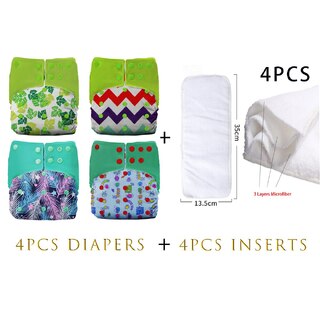 4X Reusable Fleece Cloth Nappies With Snap Buttons & Insert Bundle