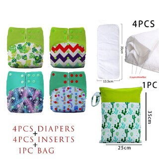4X Reusable Fleece Cloth Nappies With With 4 Inserts & Wet Bag Bundle