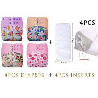4X Reusable Fleece Cloth Nappies With Snap Buttons & Insert Bundle