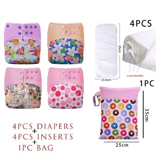 4X Reusable Fleece Cloth Nappies With With 4 Inserts & Wet Bag Bundle