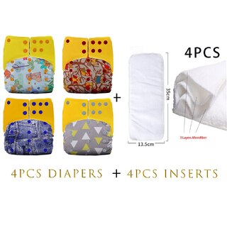 4X Reusable Fleece Cloth Nappies With Snap Buttons & Insert Bundle