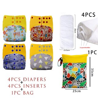 4X Reusable Fleece Cloth Nappies With With 4 Inserts & Wet Bag Bundle