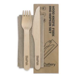 20x BioCutlery Wood Knife, Fork & Napkin Set 16mm