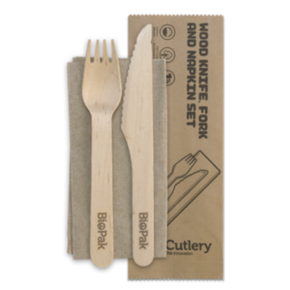 50x BioCutlery Wood Knife, Fork & Napkin Set 16mm